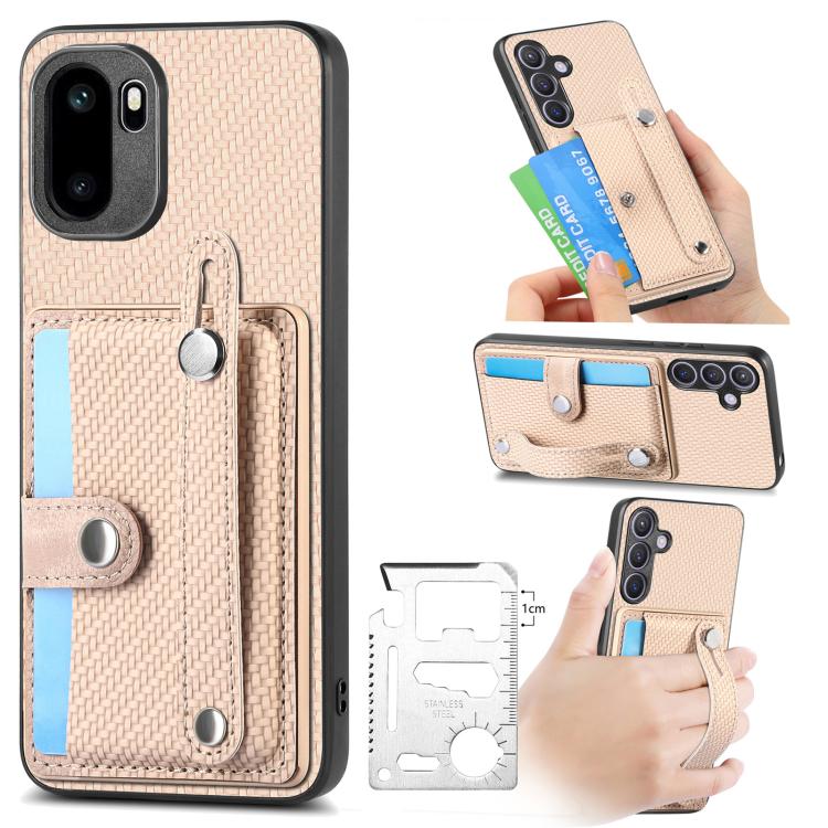 Beige/khaki wristband kickstand wallet phone case with card holder and camera cutouts