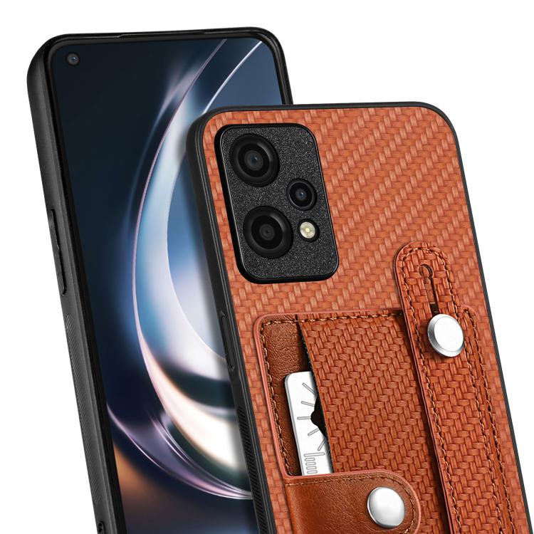 Orange woven phone wallet case close-up with card slots, kickstand, and tool pocket