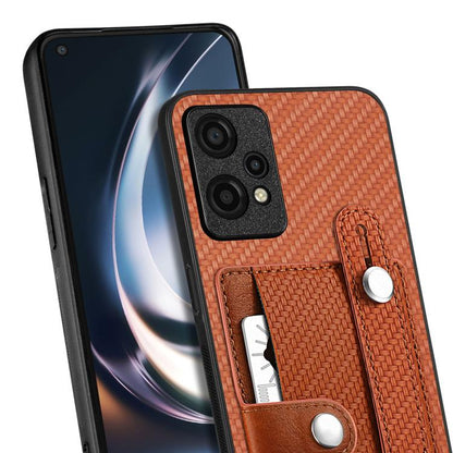 Orange woven phone wallet case close-up with card slots, kickstand, and tool pocket