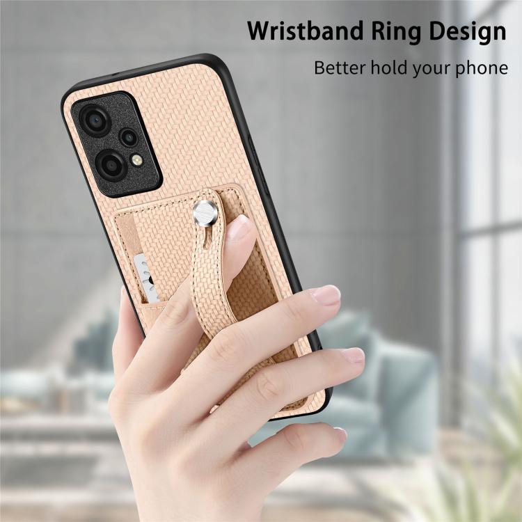 Beige woven phone wallet case with built-in wrist ring holder and kickstand card slot
