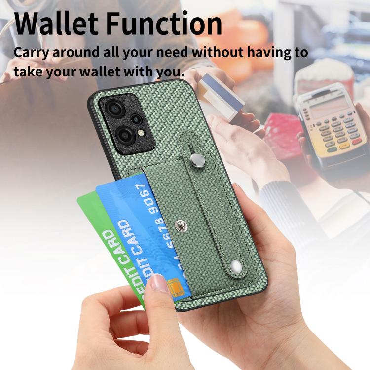 Green woven phone wallet case with card pocket and wrist strap, kickstand and tool slot