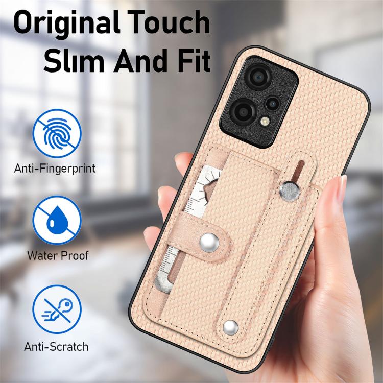Beige woven phone wallet case with card slots and kickstand, raised camera protection