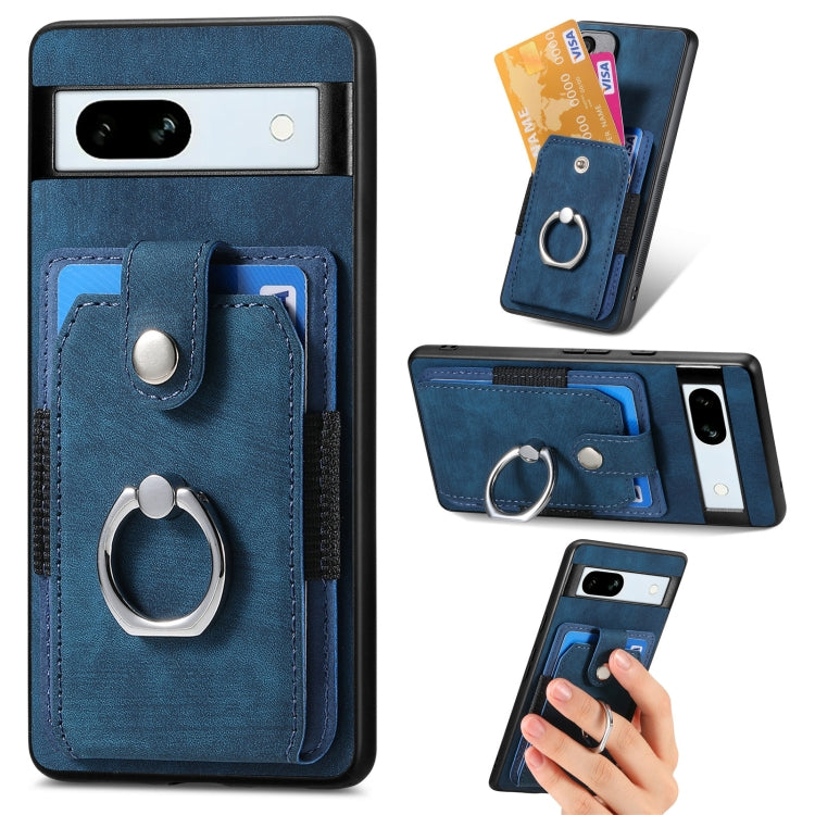 Blue retro phone case with card wallet and circular ring holder