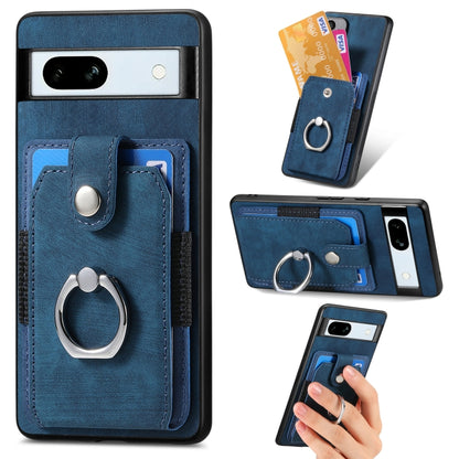 Blue retro phone case with card wallet and circular ring holder