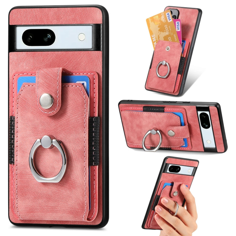 Red-pink retro phone case with card wallet and circular ring holder