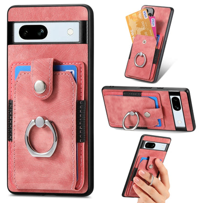 Red-pink retro phone case with card wallet and circular ring holder