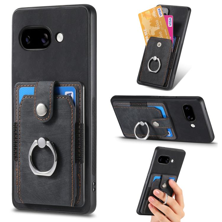 Black leather-look phone case wallet with card holder and metal ring grip