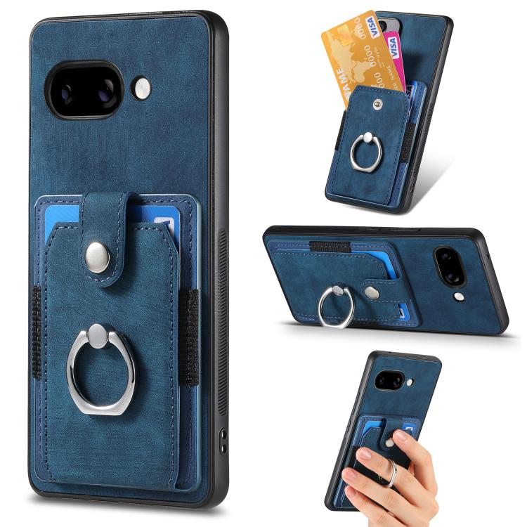 Blue leather-look phone case wallet with card slots and metal ring holder