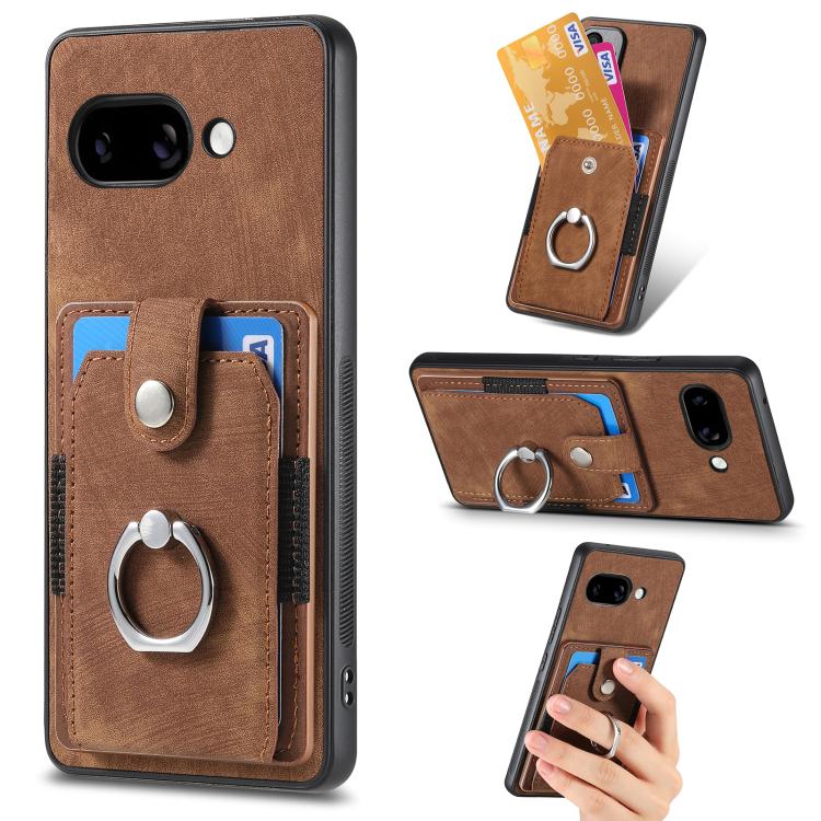 Brown leather-look phone case wallet with card pocket and metal ring grip