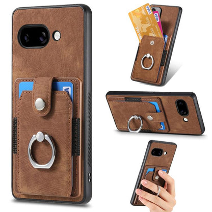 Brown leather-look phone case wallet with card pocket and metal ring grip