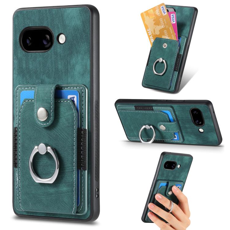 Green leather-look phone case wallet with card slots and metal ring stand