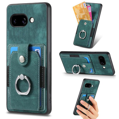 Green leather-look phone case wallet with card slots and metal ring stand
