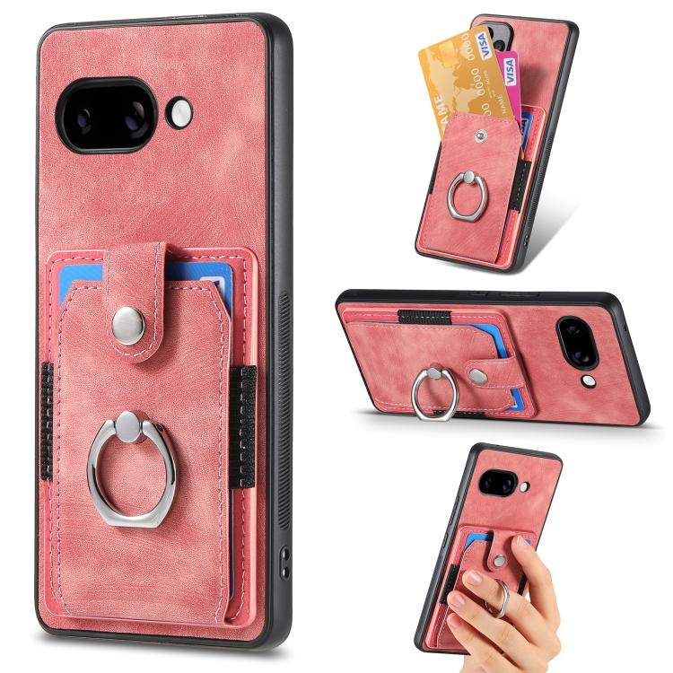 Pink leather-look phone case wallet with card pocket and metal ring holder