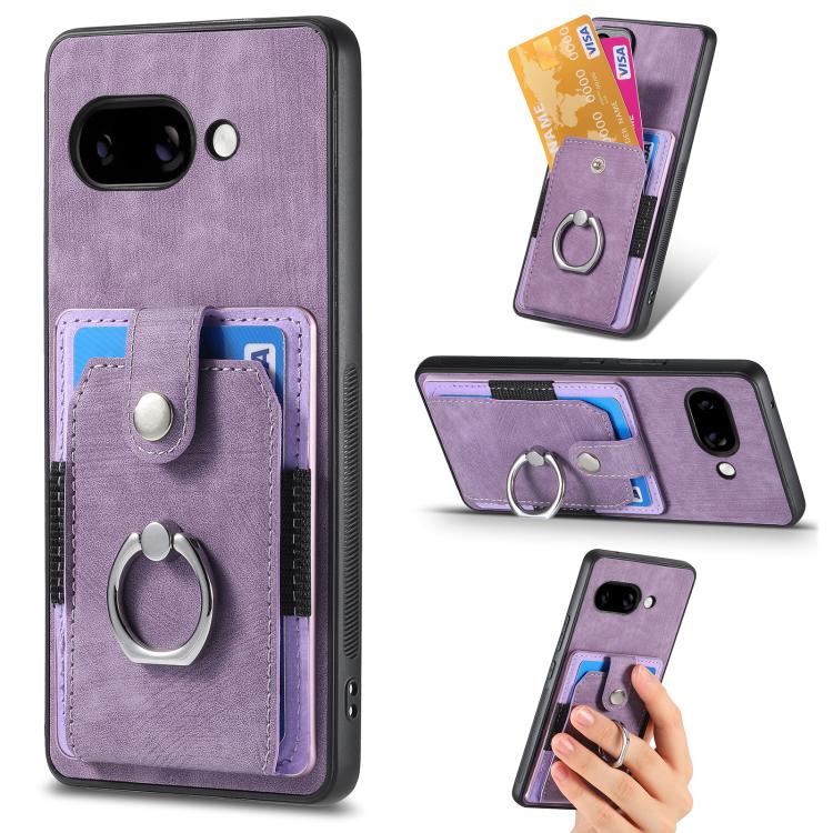 Purple leather-look phone case wallet with card slots and metal ring grip