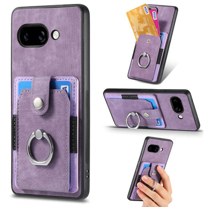 Purple leather-look phone case wallet with card slots and metal ring grip