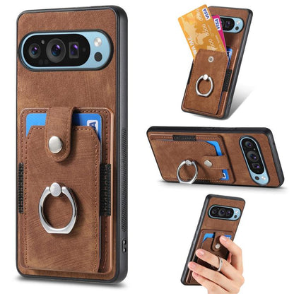 Brown retro skin-feel ring card wallet phone case with card slot and stand ring