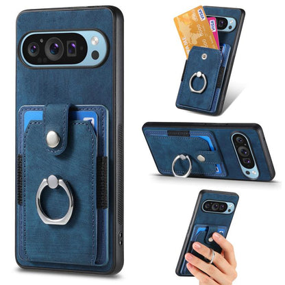 Blue leather-look phone case wallet with card pocket and metal ring holder