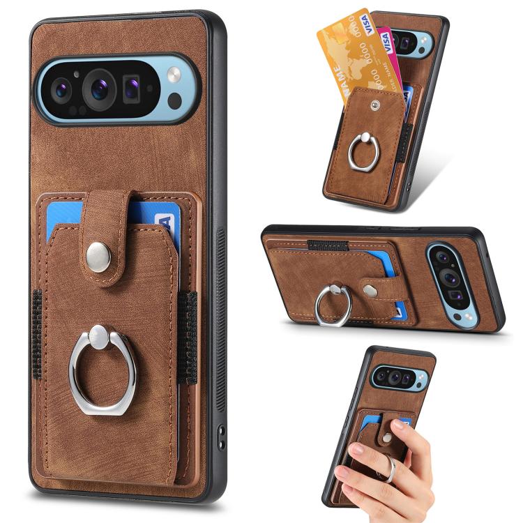 Brown leather-look phone case wallet with card pocket and metal ring grip