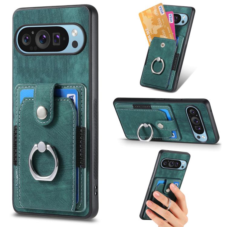 Green leather-look phone case wallet with card slots and metal ring stand