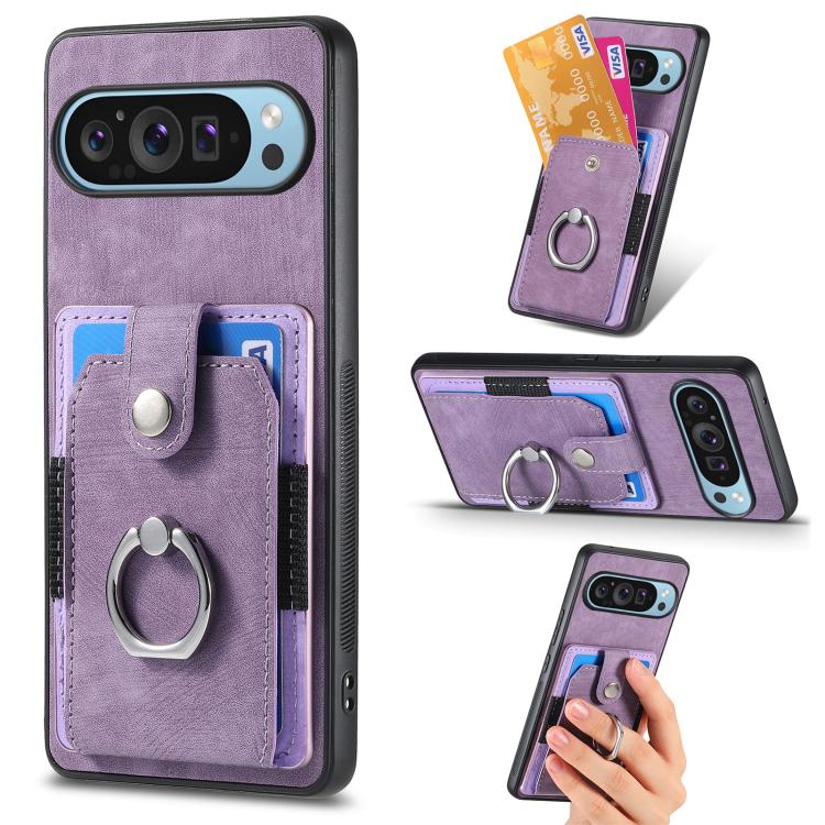 Purple retro phone case with card wallet and circular ring holder