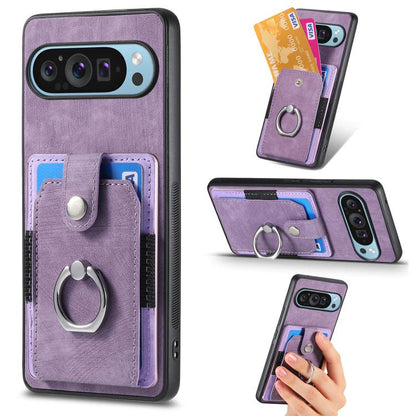 Purple retro phone case with card wallet and circular ring holder