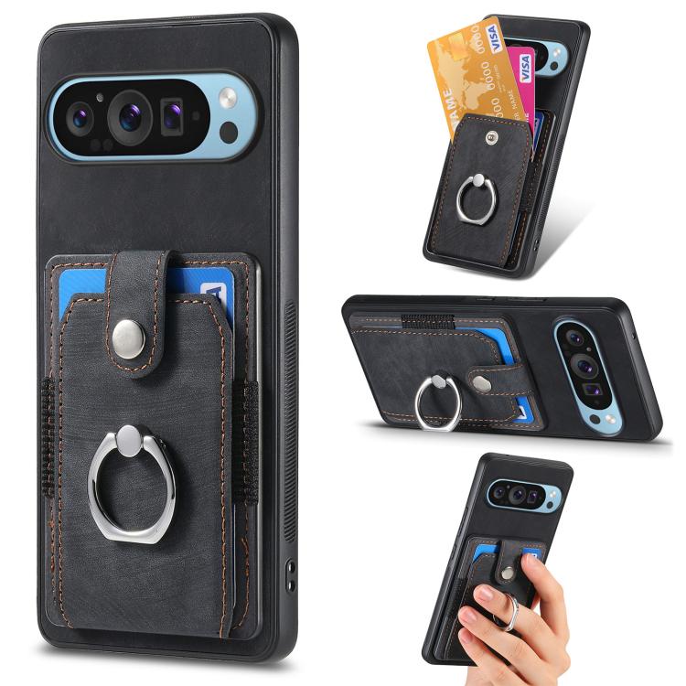 Dark charcoal retro phone case with card wallet and circular ring holder
