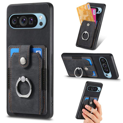 Black retro-style ring wallet phone case with card slot and metal ring holder.