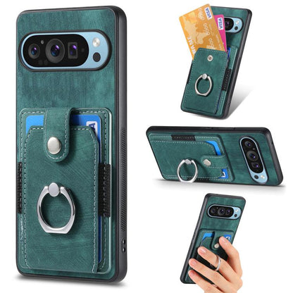 Teal leather-look wallet phone case with card pocket and ring strap holder.