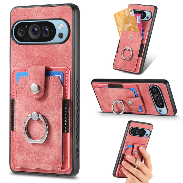 Pink leather-look phone case with card pocket and metal ring strap holder.