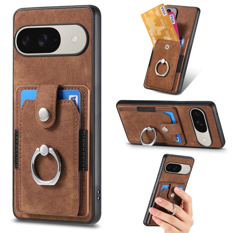 Brown retro leather-style phone wallet case with ring holder and card slots