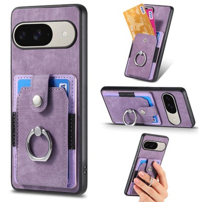 Purple retro leather-style phone wallet case with ring holder and card slots