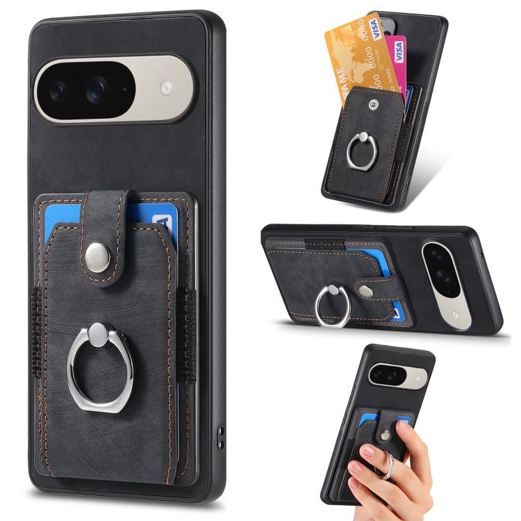 Black retro leather-style phone wallet case with ring holder and card slots