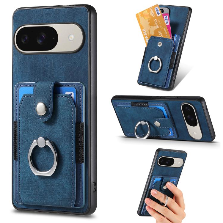 Blue retro leather-style phone wallet case with ring holder and card slots