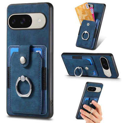Blue retro leather-style phone wallet case with ring holder and card slots