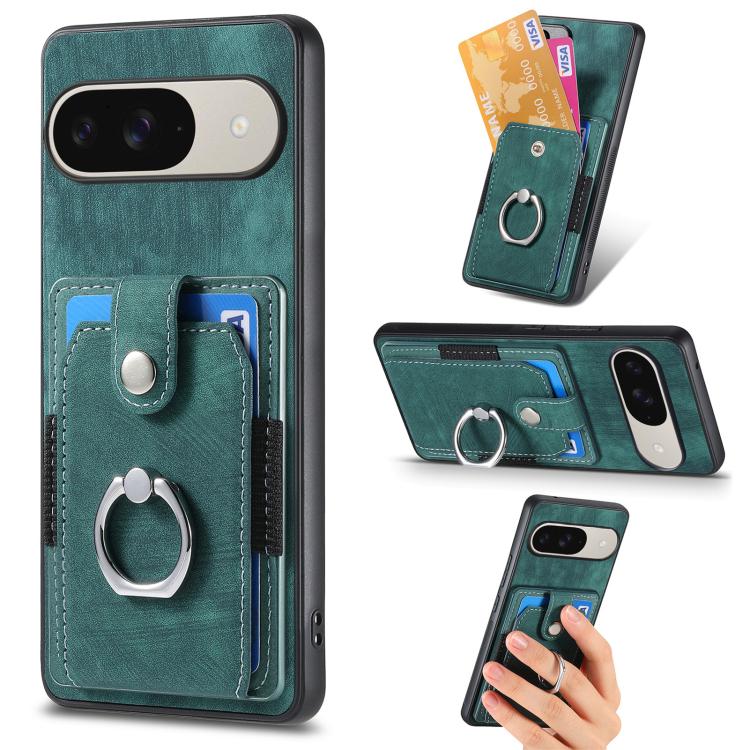 Teal retro-style ring wallet phone case with card slot and metal ring holder.