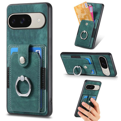 Teal retro-style ring wallet phone case with card slot and metal ring holder.