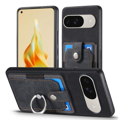 Black ring card wallet phone case with integrated card holder and finger ring