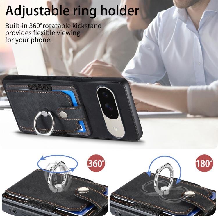Black ring card wallet phone case with adjustable 360° ring stand and card slot