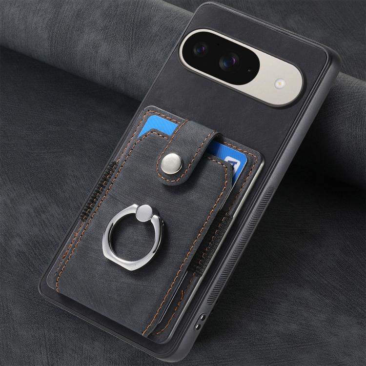 Black ring card wallet phone case close-up with stitching, card slot, and ring