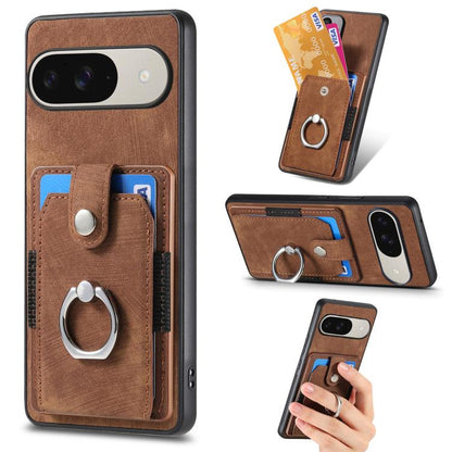 Brown ring card wallet phone case with card holder pocket and metal ring