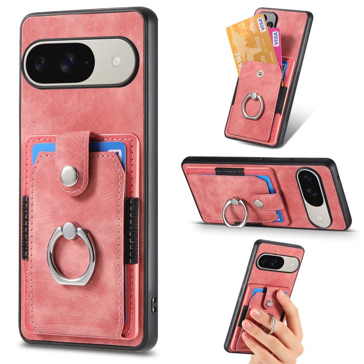 Pink retro leather-style phone wallet case with ring holder and card slots