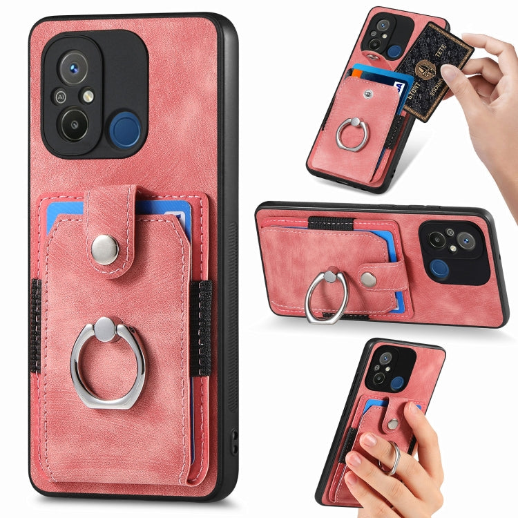 Pink retro skin-feel ring card wallet phone case with card slots and ring holder