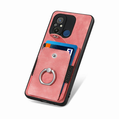 Pink retro ring card wallet phone case with card holder and ring strap