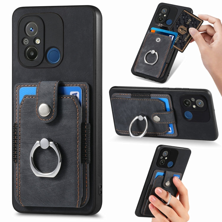 Black retro ring card wallet phone case with card slots and metal ring holder