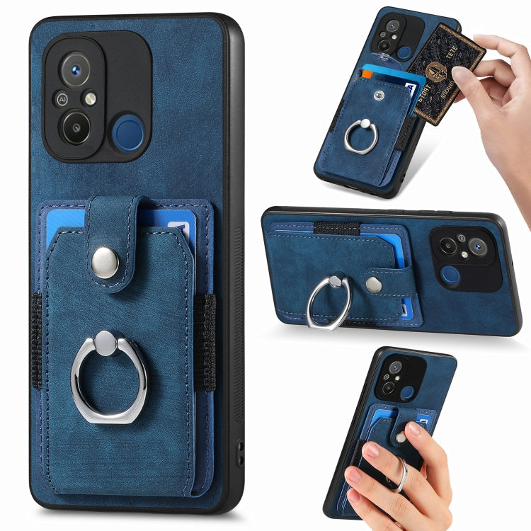 Blue retro ring card wallet phone case with card slots and metal ring holder