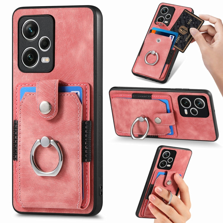 Pink retro ring card wallet phone case with card pocket and metal ring ring holder