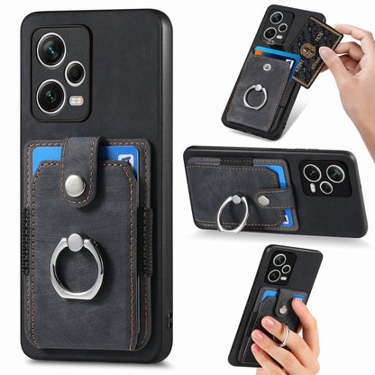 Black retro skin-feel ring card wallet phone case with card holder and ring strap