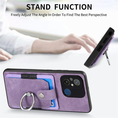 Purple retro wallet phone case with ring holder and card slot, stand-ready design