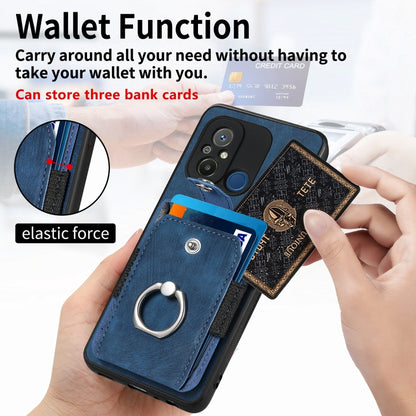 Blue retro wallet phone case with ring holder and card slot, supports 3 cards