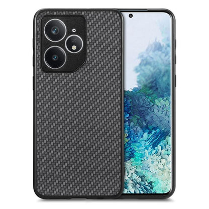 Black carbon fiber texture back phone case with camera cutouts and raised edges